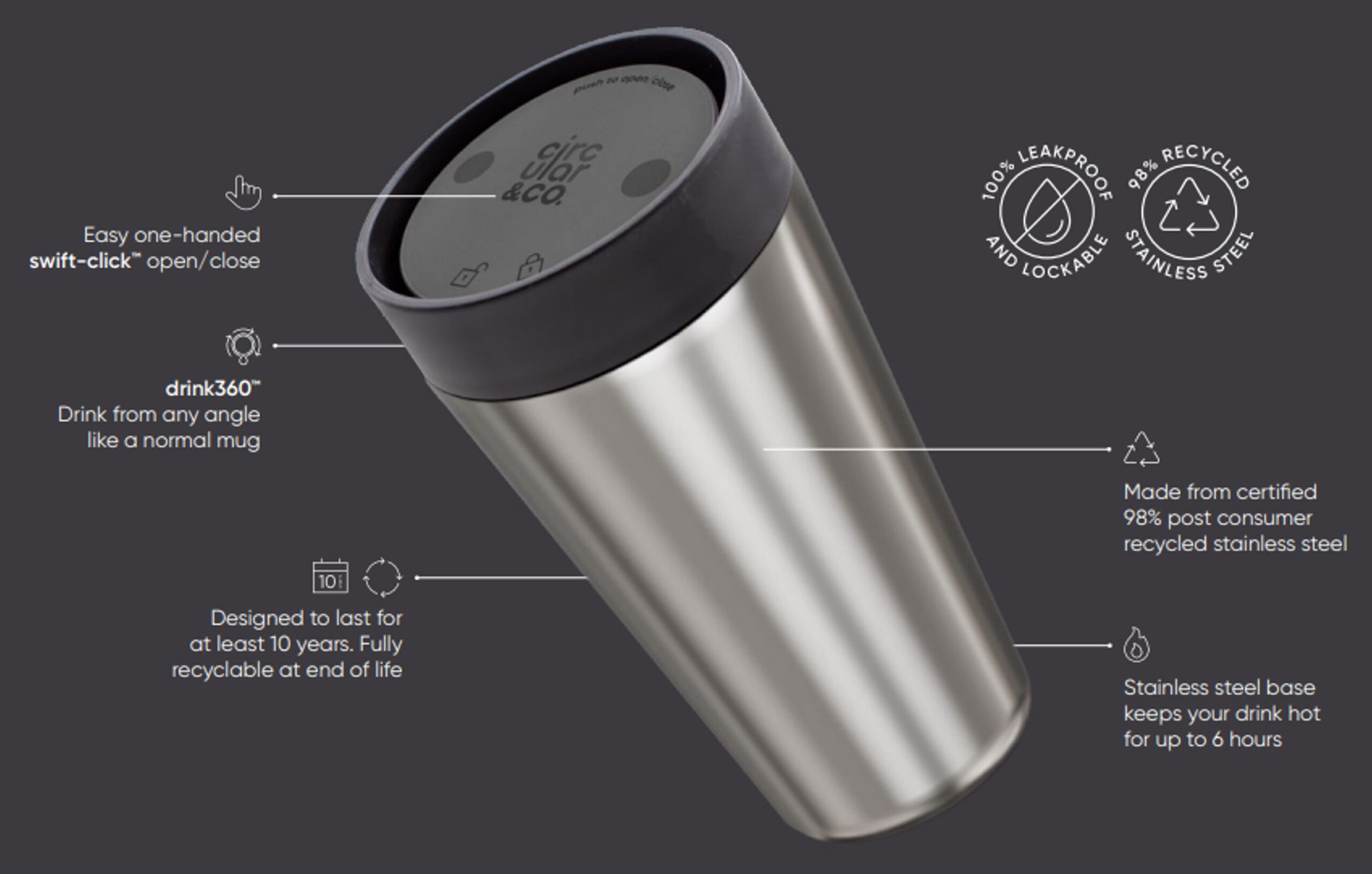 circular recycled stainless steel cup